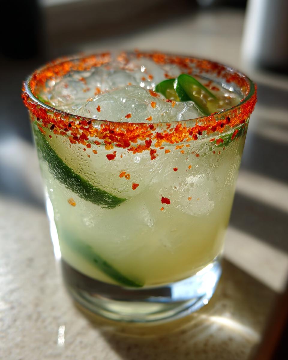 A close-up of a frosty firecracker margarita in a rocks glass with a vibrant red chili salt rim and fresh jalapeño slices.