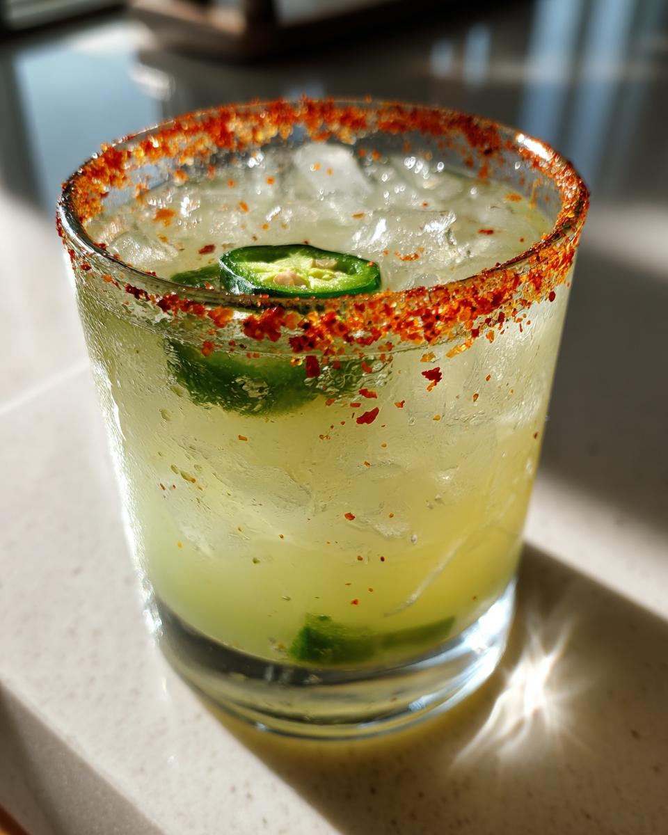 Close-up of a frosty firecracker margarita with a spicy chili salt rim and a jalapeño slice garnish.