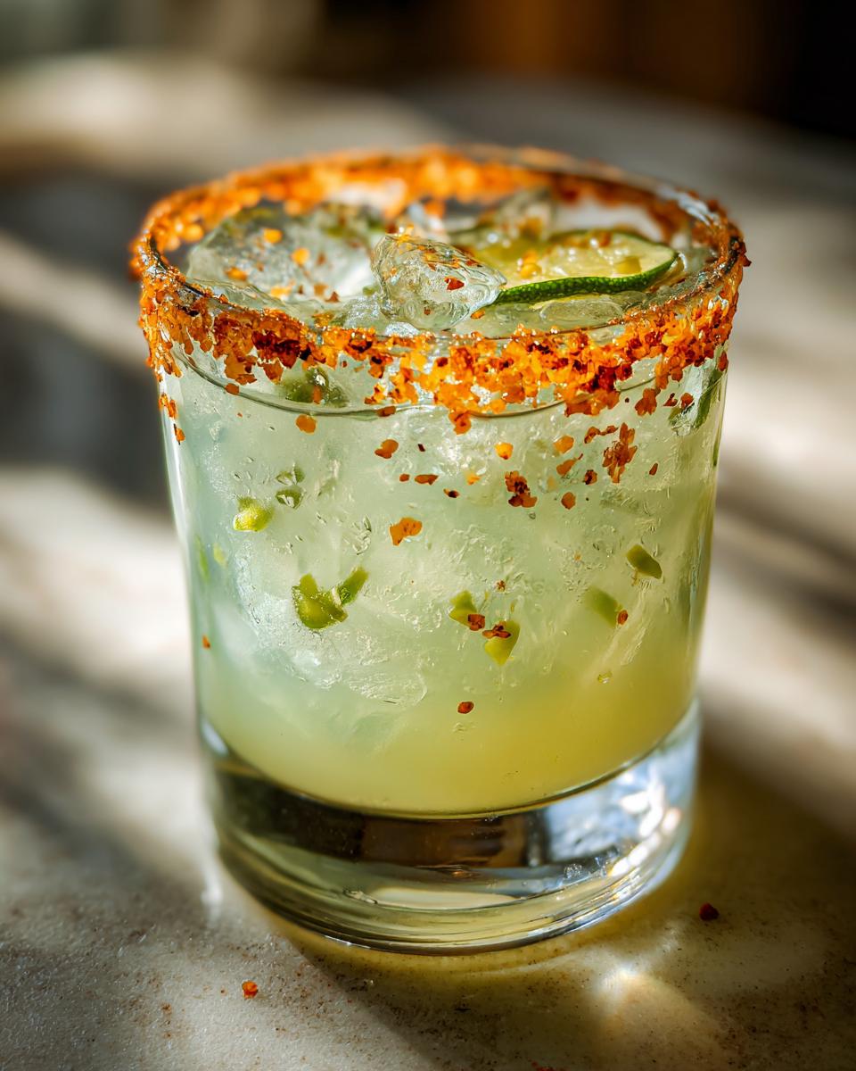 A close-up of a refreshing firecracker margarita in a rocks glass with a vibrant chili salt rim and jalapeño slices.