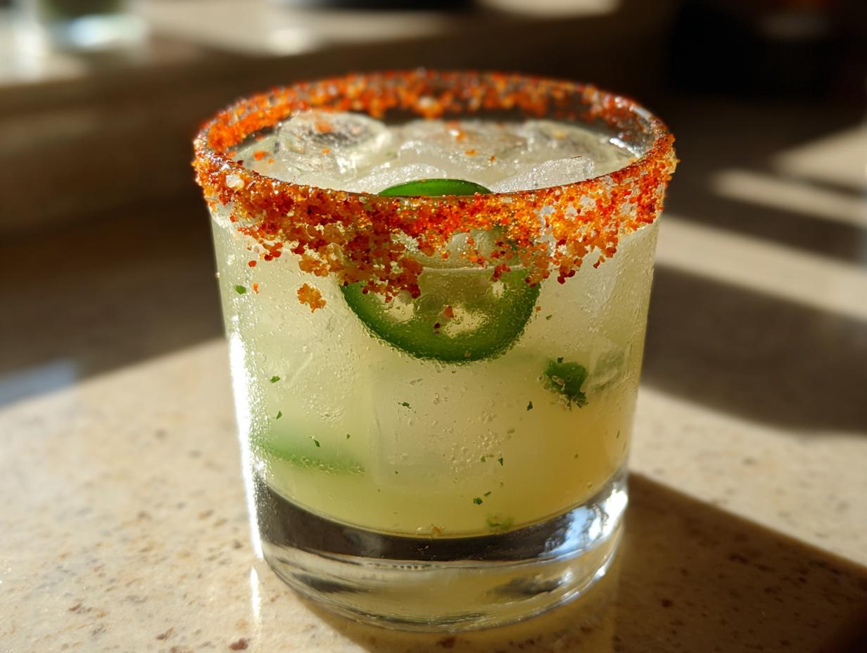 Close-up of a frosty firecracker margarita in a rocks glass, featuring a vibrant chili salt rim and a fresh jalapeño slice garnish.