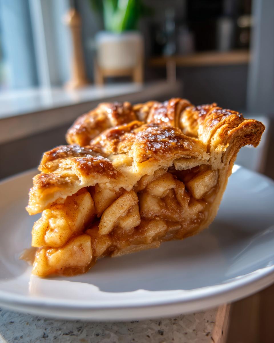 Close-up of a thick slice of amazing apple pie showing flaky, sugared crust and chunky cinnamon apple filling.