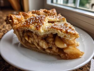A close-up of a thick slice of apple pie showing flaky crust topped with coarse sugar, revealing gooey apple filling.