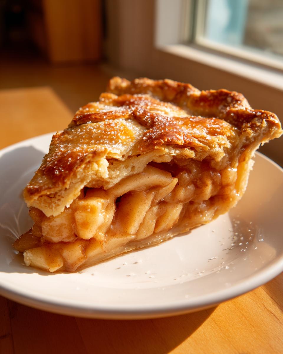 Close-up of a perfect slice of apple pie showing flaky lattice crust and cinnamon-spiced apple filling.