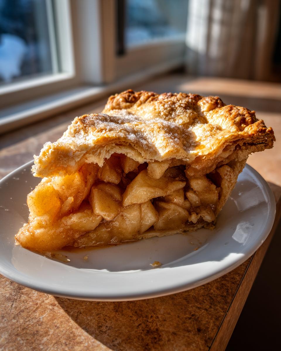 A close-up slice of apple pie showing chunky filling and a flaky, sugared crust, served on a white plate.