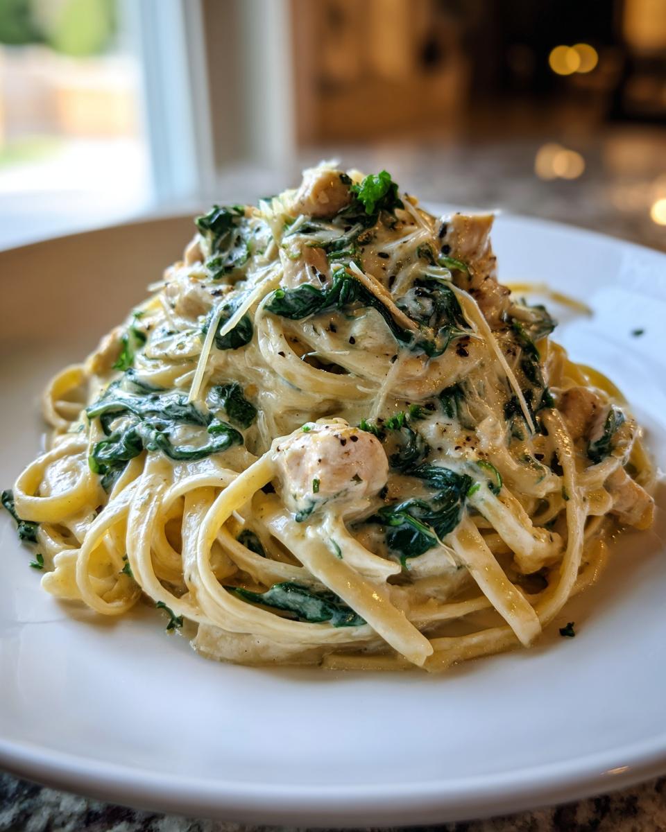 A close-up of creamy chicken spinach pasta, featuring fettuccine, chunks of chicken, wilted spinach, and grated Parmesan cheese.