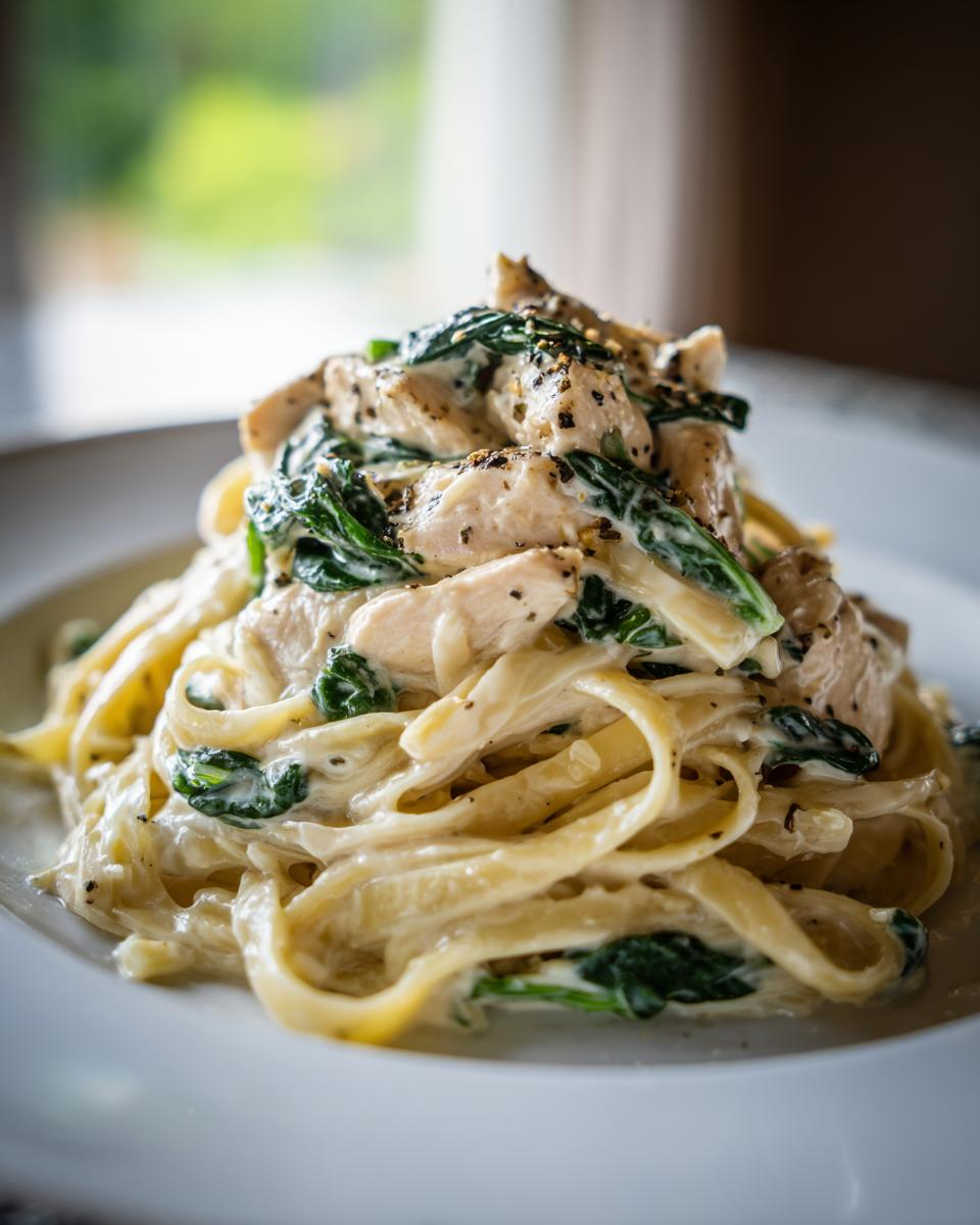 Close-up of a serving of creamy chicken spinach pasta, topped with cracked black pepper.