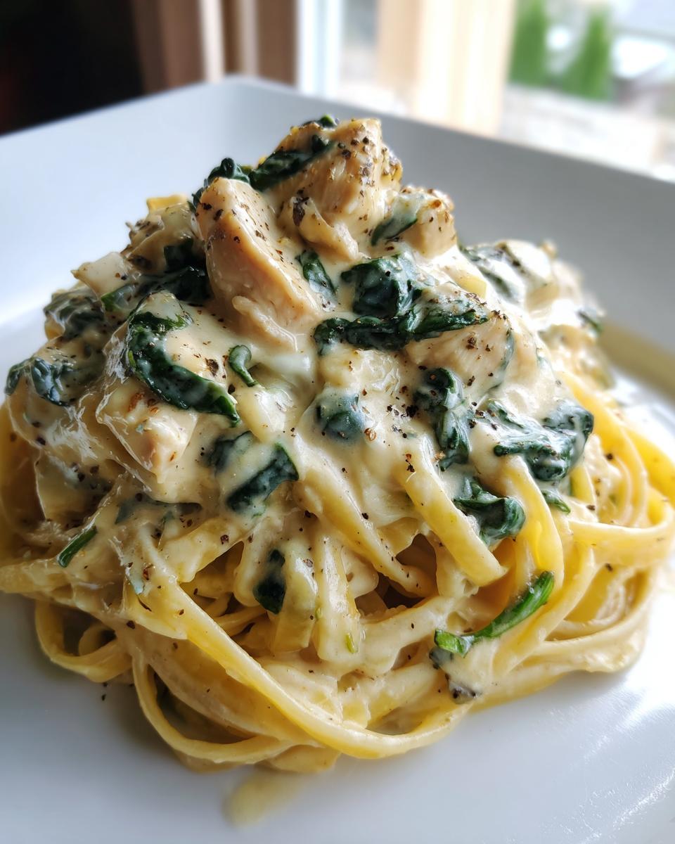 A close-up of creamy chicken spinach pasta, featuring fettuccine coated in a rich white sauce with chunks of chicken and wilted spinach.