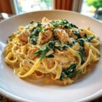 A close-up of creamy chicken spinach pasta featuring fettuccine noodles, chunks of seasoned chicken, and wilted spinach.