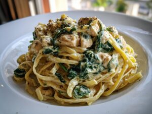 Close-up of creamy chicken spinach pasta tossed in a rich white sauce and topped with cracked black pepper.
