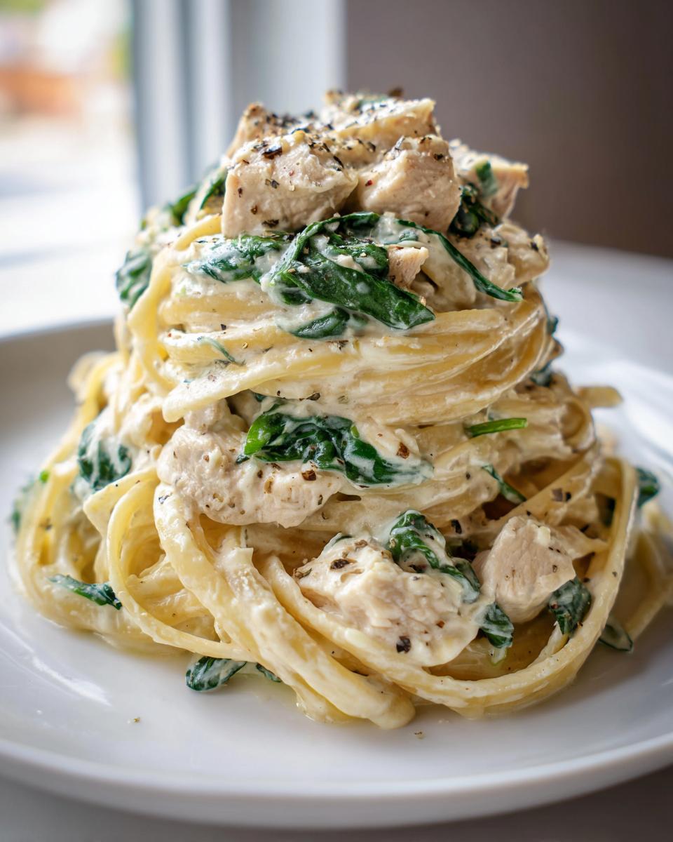 A tall serving of creamy chicken spinach pasta, featuring linguine, chunks of chicken, and wilted spinach, seasoned with pepper.