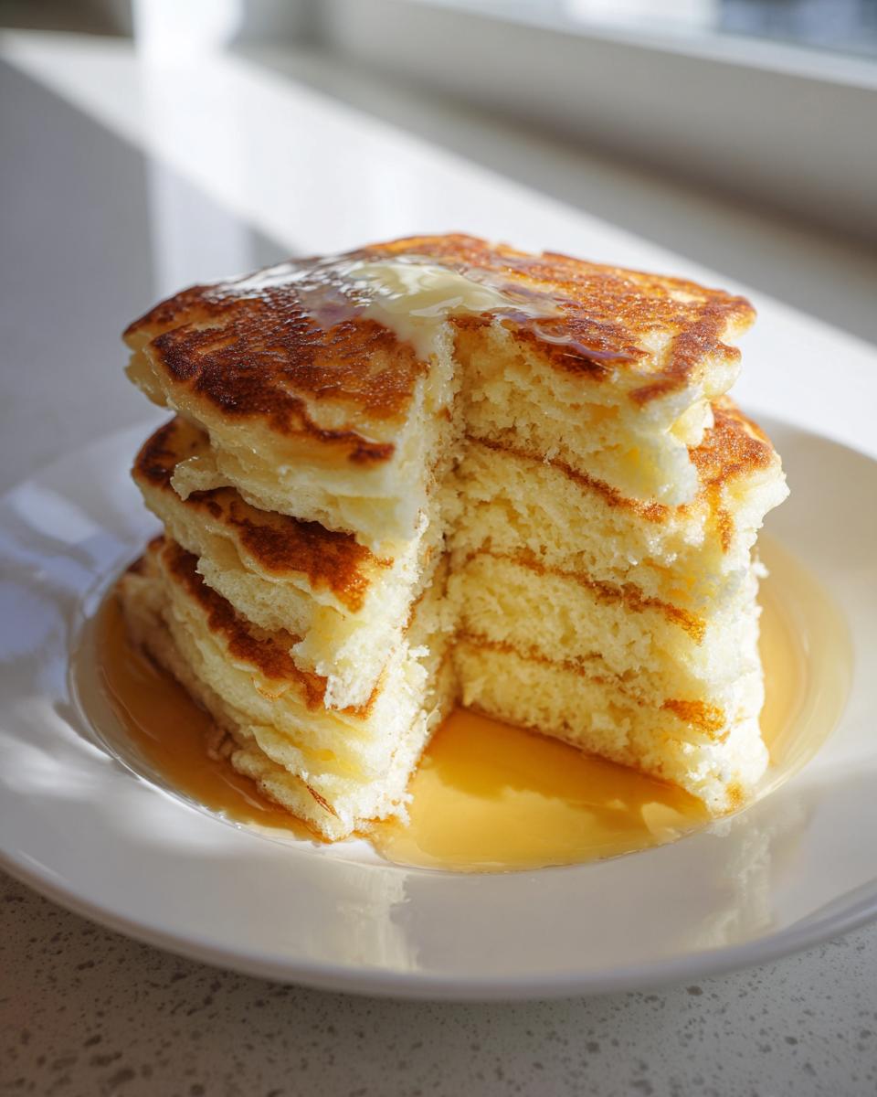A tall stack of incredibly fluffy buttermilk pancakes, cut to show the airy interior, topped with melting butter and syrup.