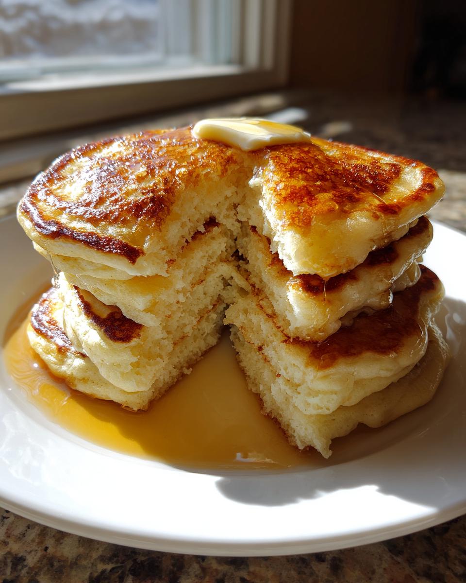 Close-up of a stack of fluffy buttermilk pancakes cut open to show the texture, topped with melting butter and syrup.
