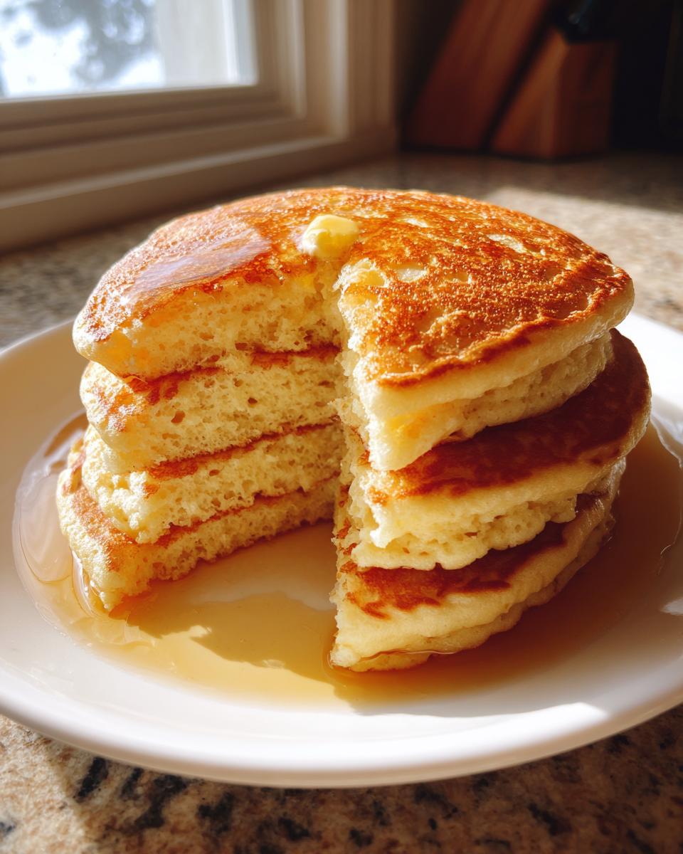 A tall stack of fluffy buttermilk pancakes, cut to show the airy interior, topped with melting butter and drenched in syrup.