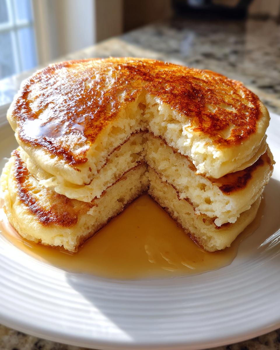 A stack of three fluffy buttermilk pancakes cut in half, drizzled generously with syrup, showcasing the airy interior.