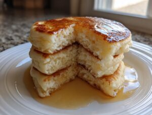 A stack of four incredibly fluffy buttermilk pancakes, cut open to show the airy interior, drizzled with syrup.