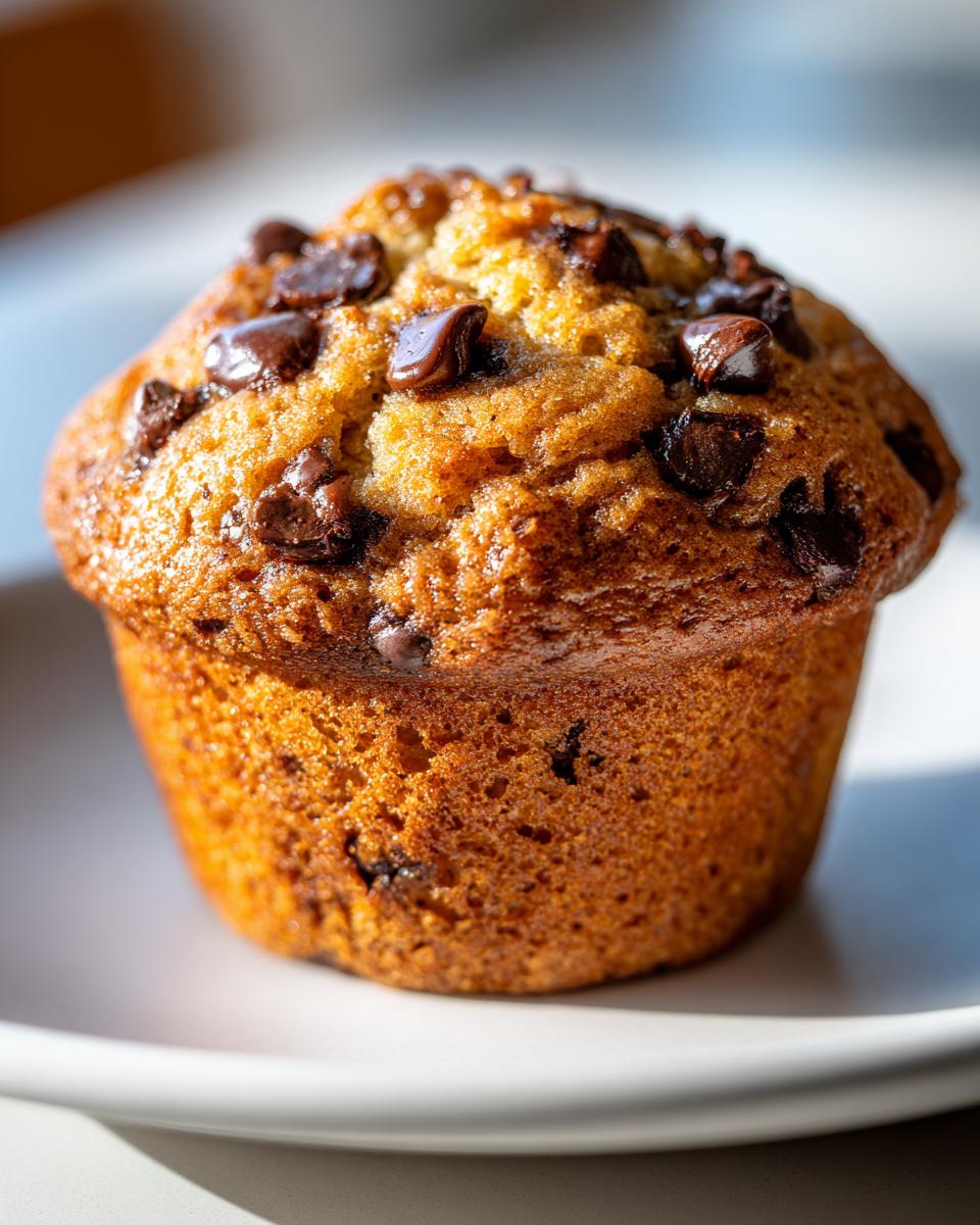 A close-up, sunlit photo of one perfectly baked chocolate chip muffin with melted chocolate chips on top.