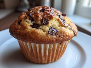Close-up of a perfectly baked, fluffy chocolate chip muffin with melted chocolate chunks on top, sitting on a white plate.