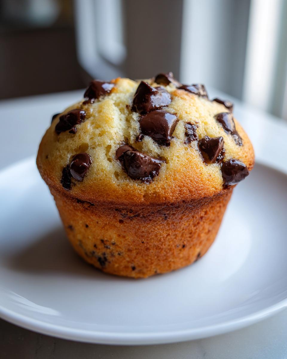 A single, perfectly baked chocolate chip muffin with melted chocolate chunks on top, sitting on a white plate.