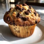 Close-up of a perfectly baked chocolate chip muffin with a golden-brown top loaded with chocolate chips.