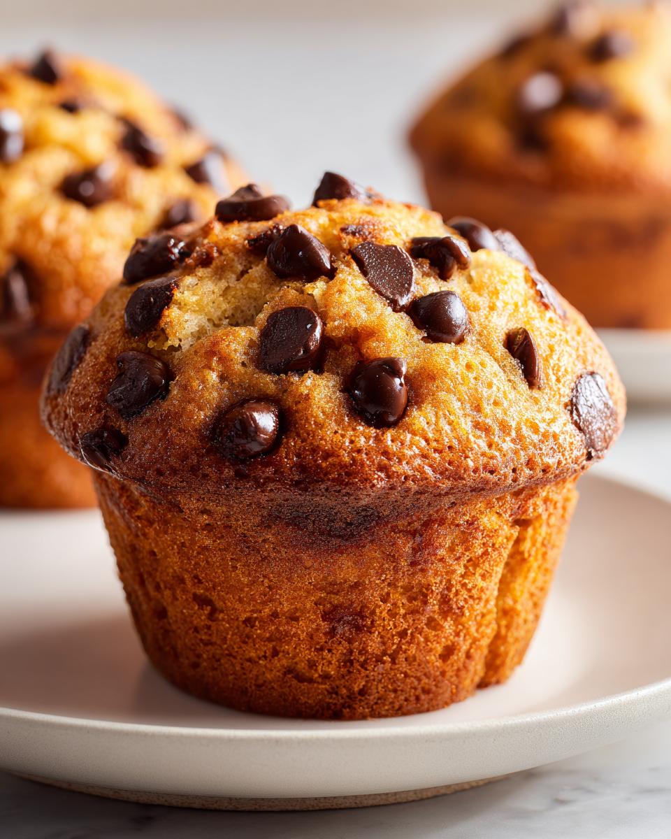 Close-up of a perfectly baked, fluffy chocolate chip muffins topped with melted chocolate chips.