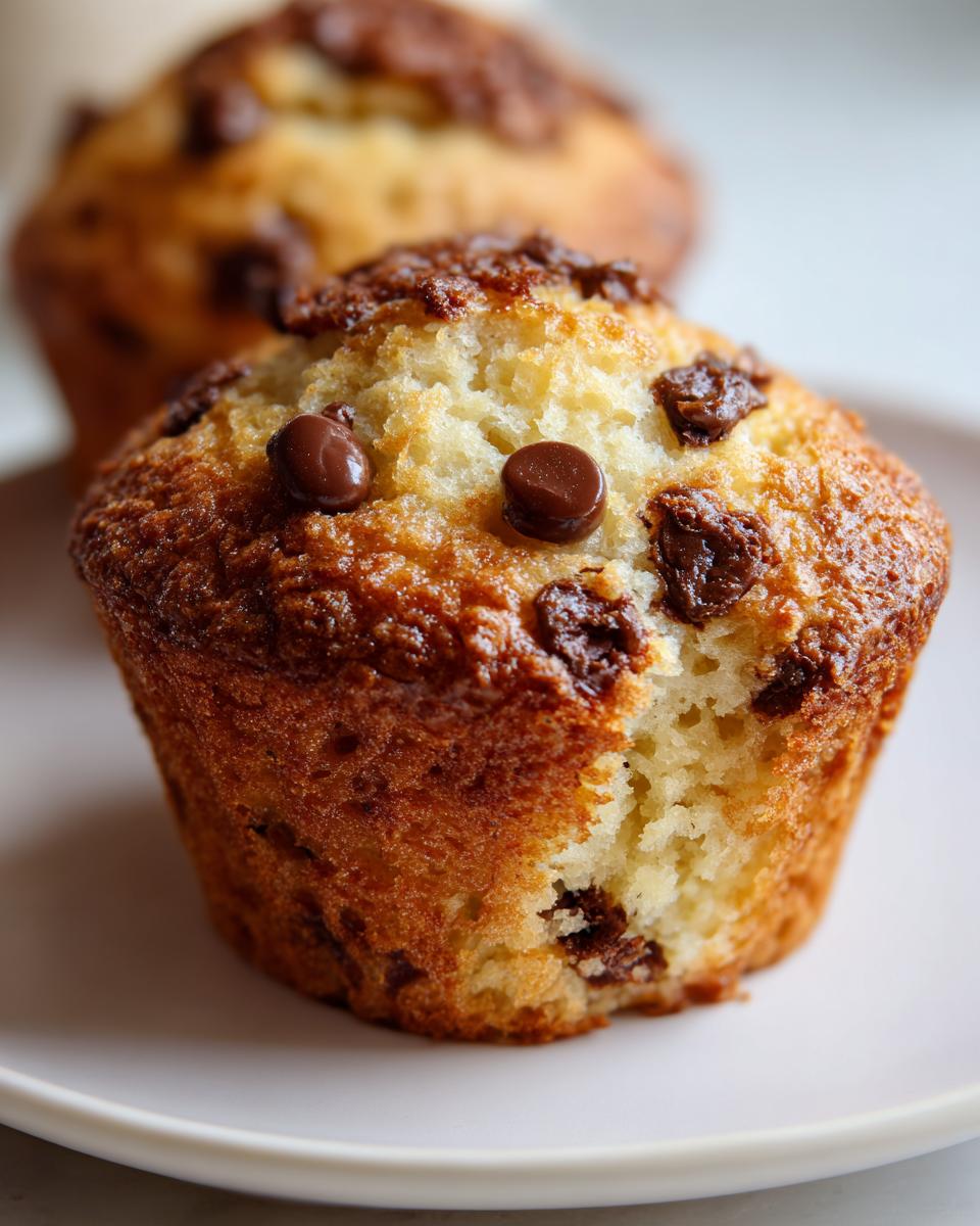 Close-up of a golden-brown chocolate chip muffin with a bite taken out, showing the fluffy interior.