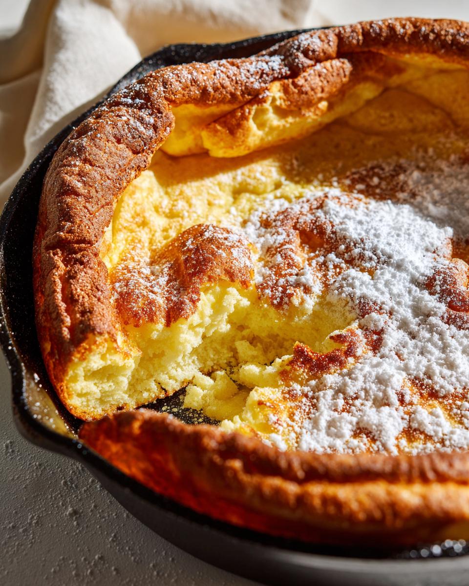 Close-up of a fluffy, golden-brown german pancakes baked in a cast iron skillet and dusted with powdered sugar.
