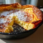 Close-up of a freshly baked, puffed german pancakes dusted heavily with powdered sugar in a black cast iron skillet.