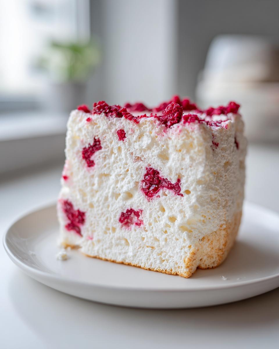 A single, fluffy slice of raspberry angel food cake with visible red raspberry pieces baked inside, served on a white plate.