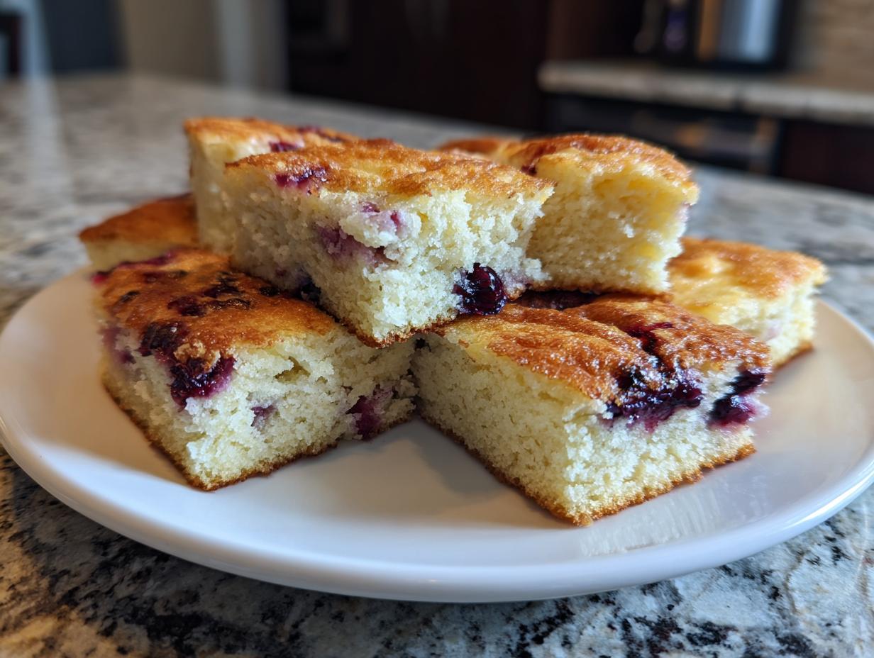 Close-up of fluffy blueberry sheet pan pancakes cut into squares and stacked on a white plate.