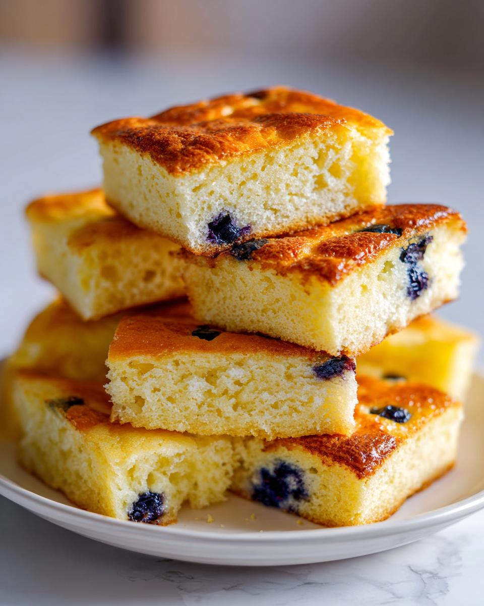 A stack of fluffy, golden-brown blueberry sheet pan pancakes cut into squares on a white plate.