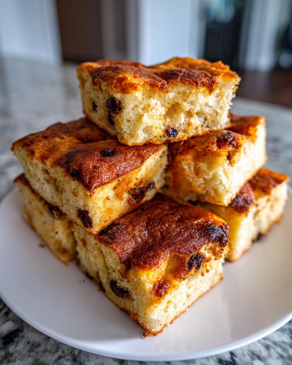 Stack of fluffy, golden-brown squares of sheet pan pancakes with visible raisins on a white plate.