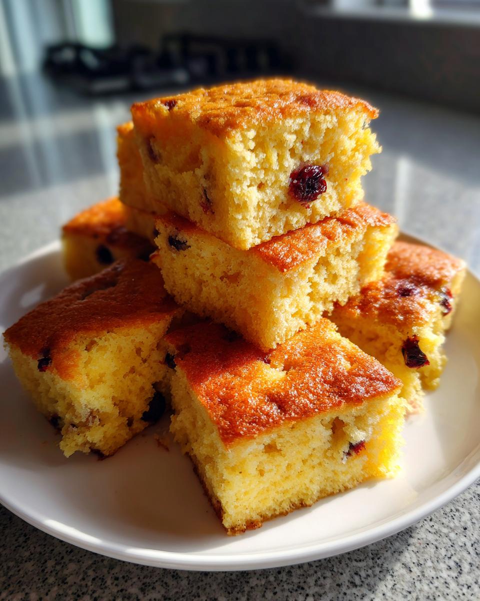 Stack of fluffy, golden-brown sheet pan pancakes squares with visible dried berries on a white plate.