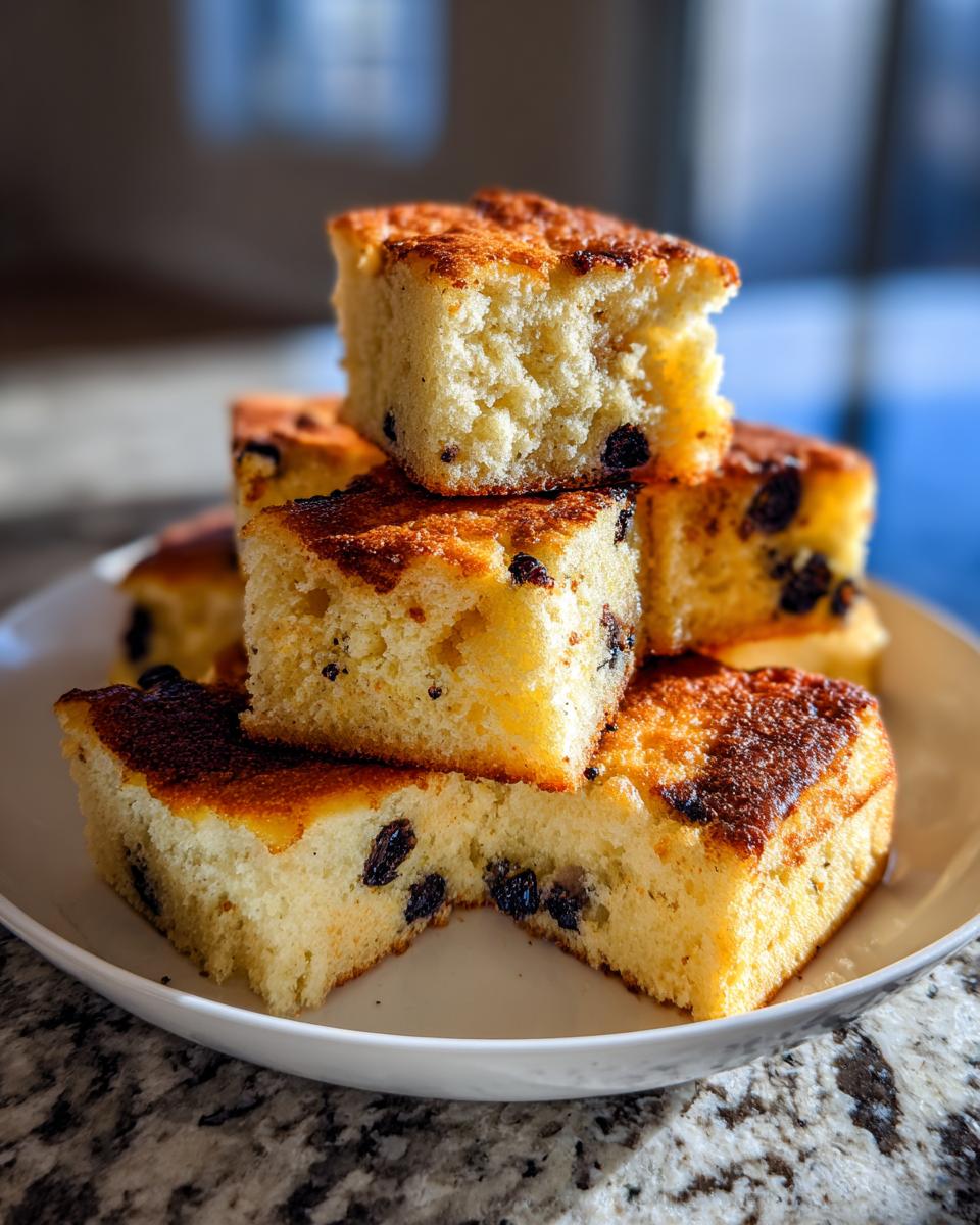 A stack of fluffy, golden-brown squares cut from sheet pan pancakes, studded with raisins, on a white plate.