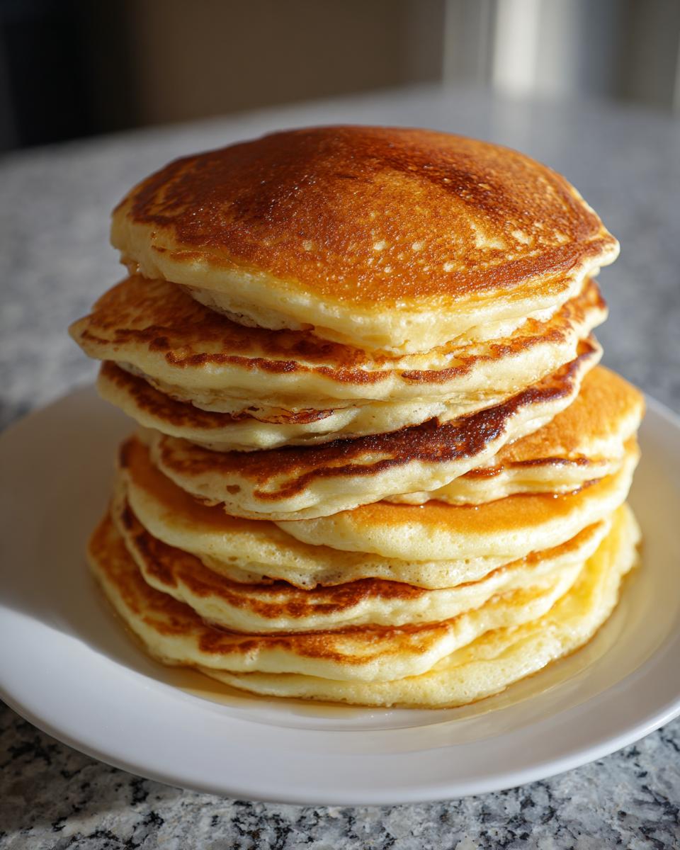 A tall stack of thick, golden-brown buttermilk pancakes served on a white plate.