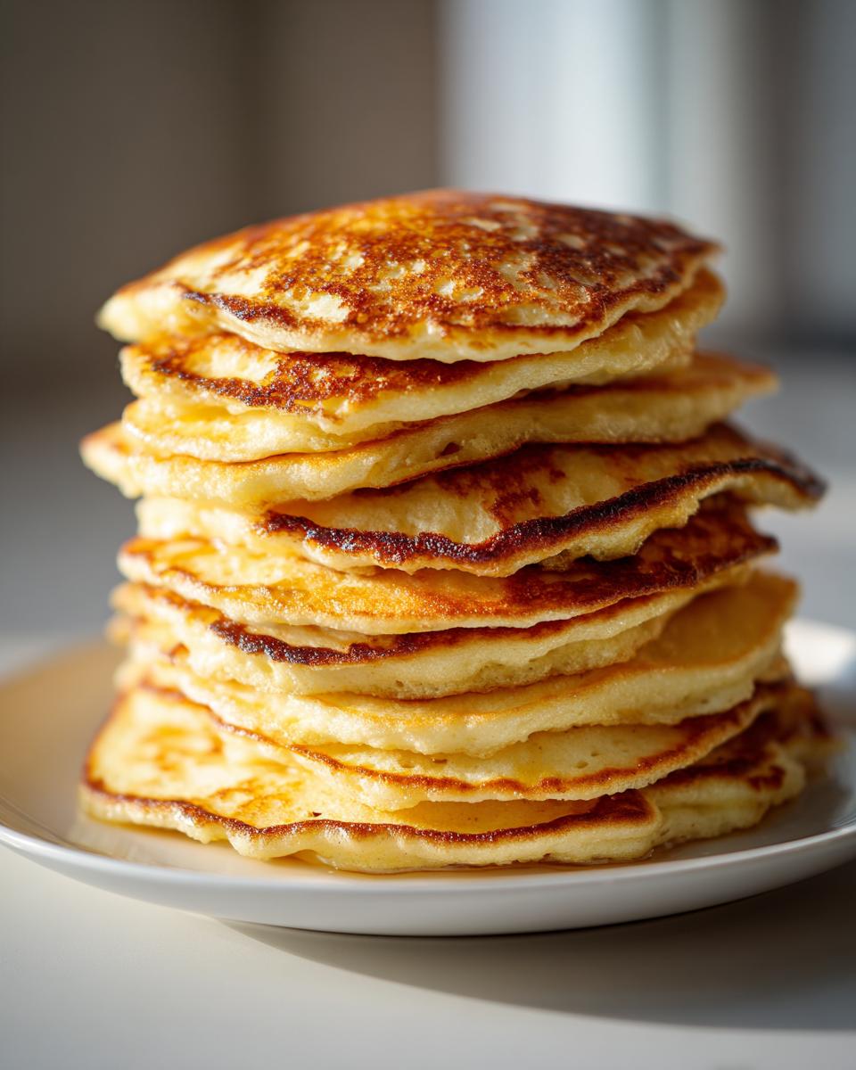 A tall stack of golden brown buttermilk pancakes piled high on a white plate.