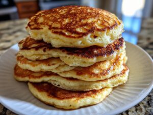 A tall stack of five golden-brown, fluffy buttermilk pancakes served on a white plate.