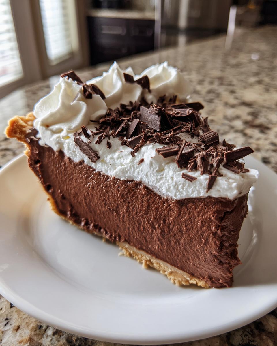 A perfect slice of rich chocolate french silk pie topped with whipped cream and chocolate shavings.