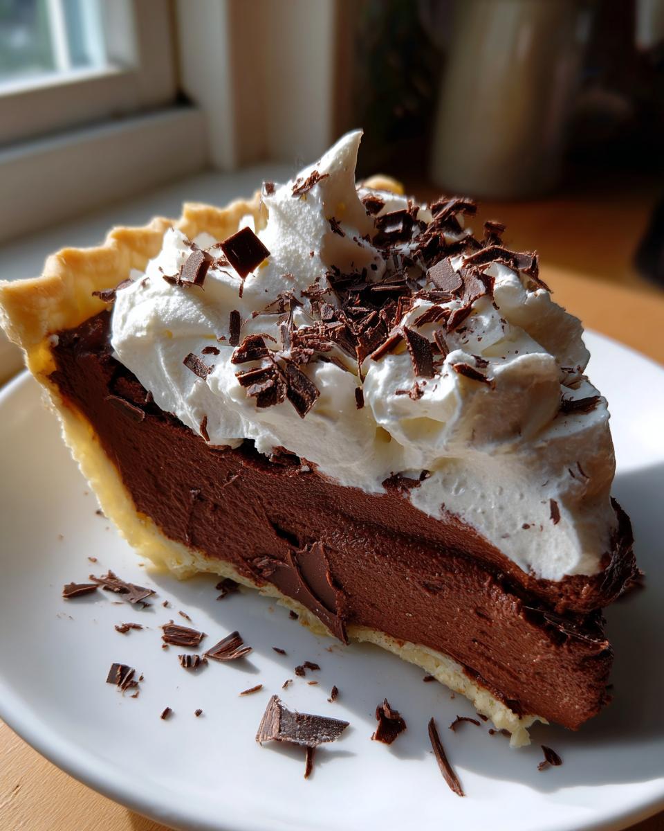 A decadent slice of french silk pie featuring a thick chocolate filling, topped with whipped cream and chocolate shavings.