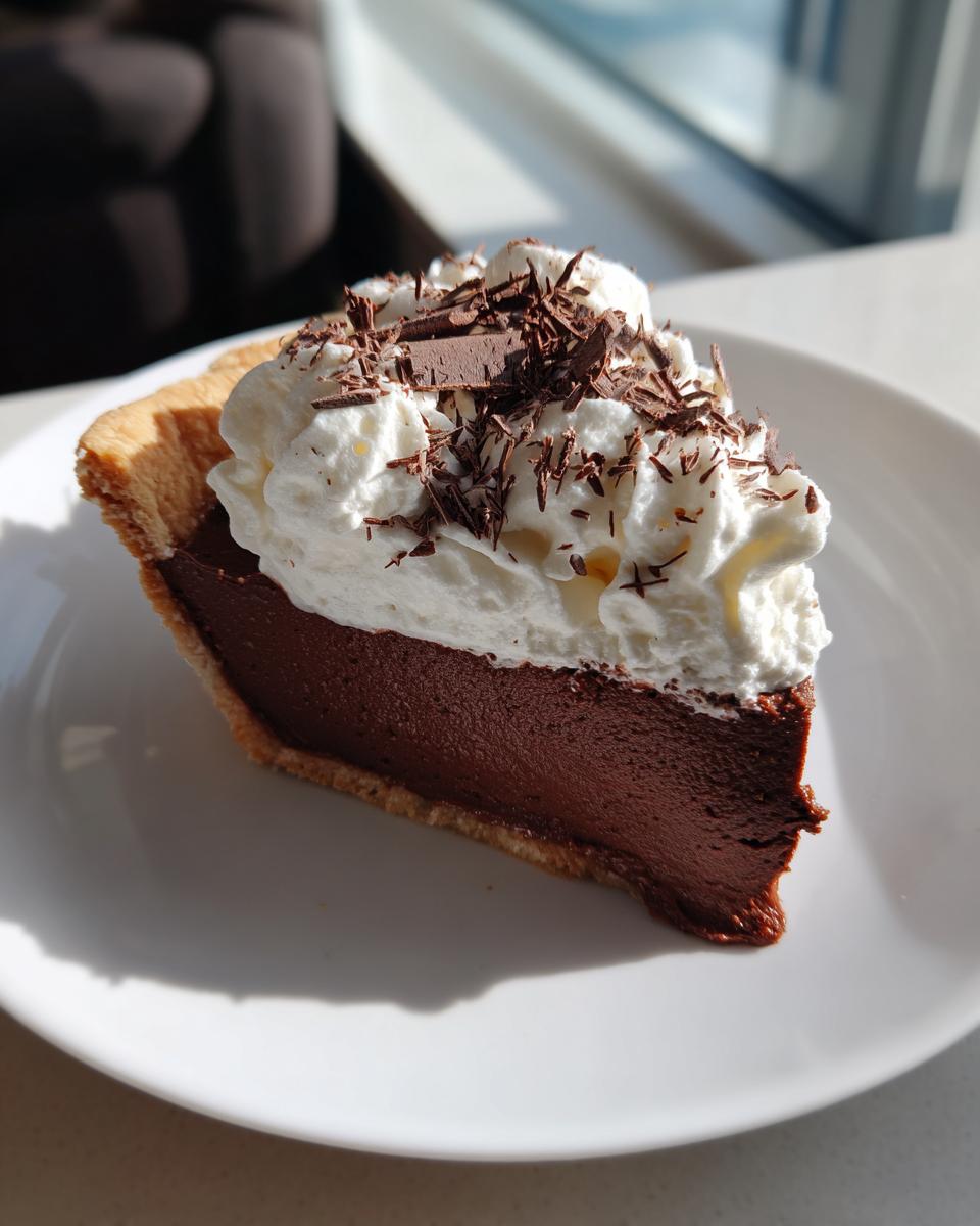 A perfect slice of rich chocolate french silk pie topped with whipped cream and chocolate shavings.