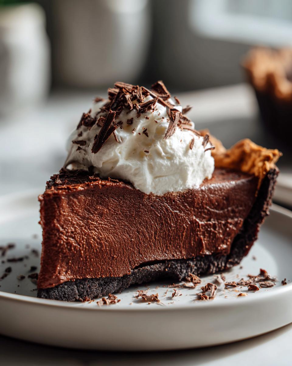 A decadent slice of french silk pie featuring rich chocolate filling, a dark crust, topped with whipped cream and chocolate shavings.