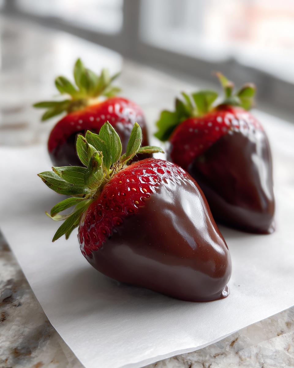 Three fresh chocolate covered strawberries cooling on parchment paper, showcasing glossy dark chocolate coating.
