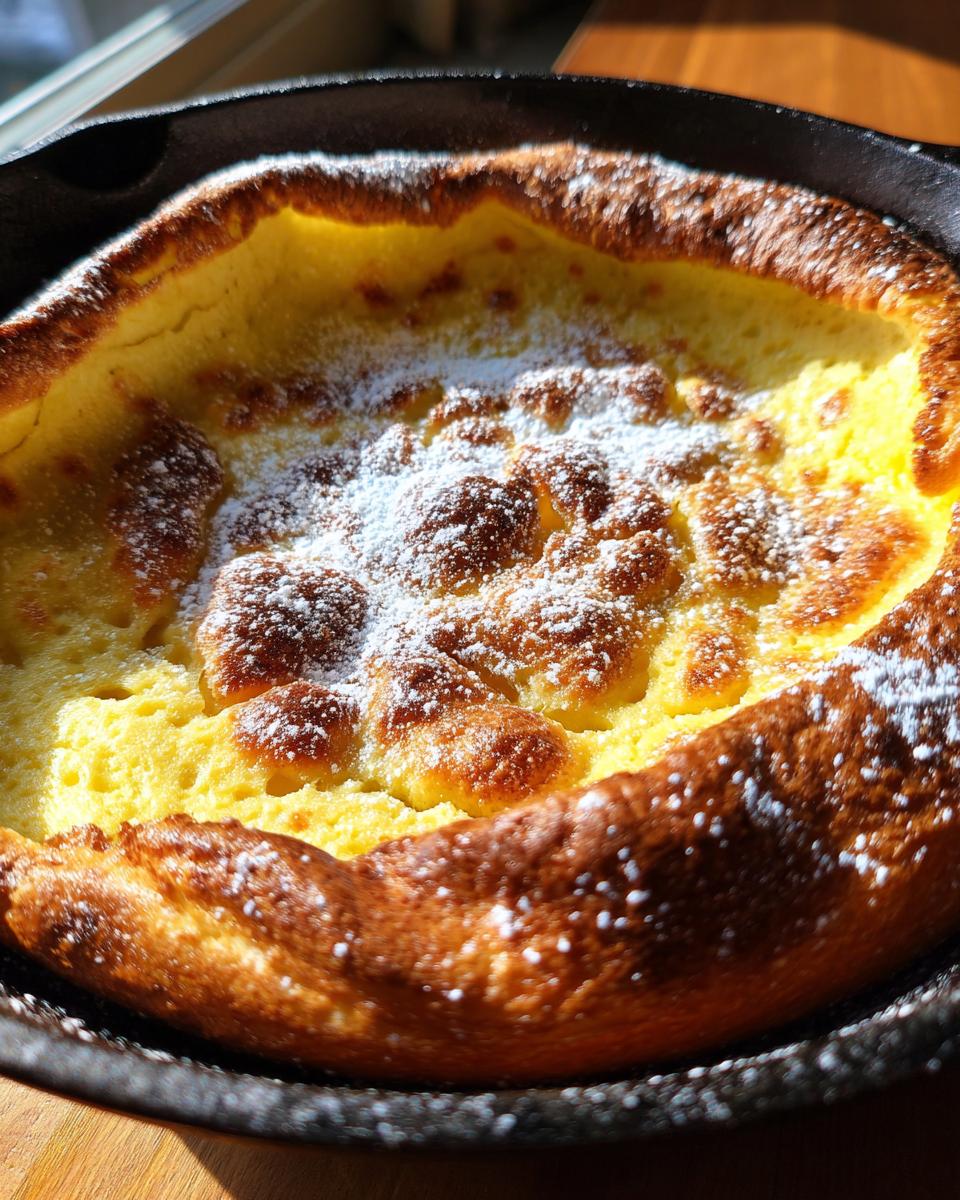 Close-up of golden brown, puffed German pancakes baked in a cast iron skillet, dusted with powdered sugar.