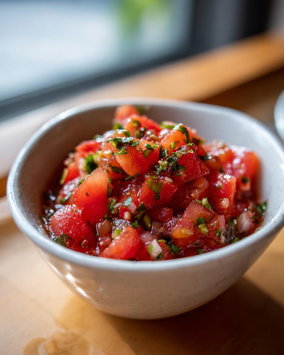 Close-up of chunky, fresh homemade salsa recipe with diced tomatoes and cilantro in a small white bowl.