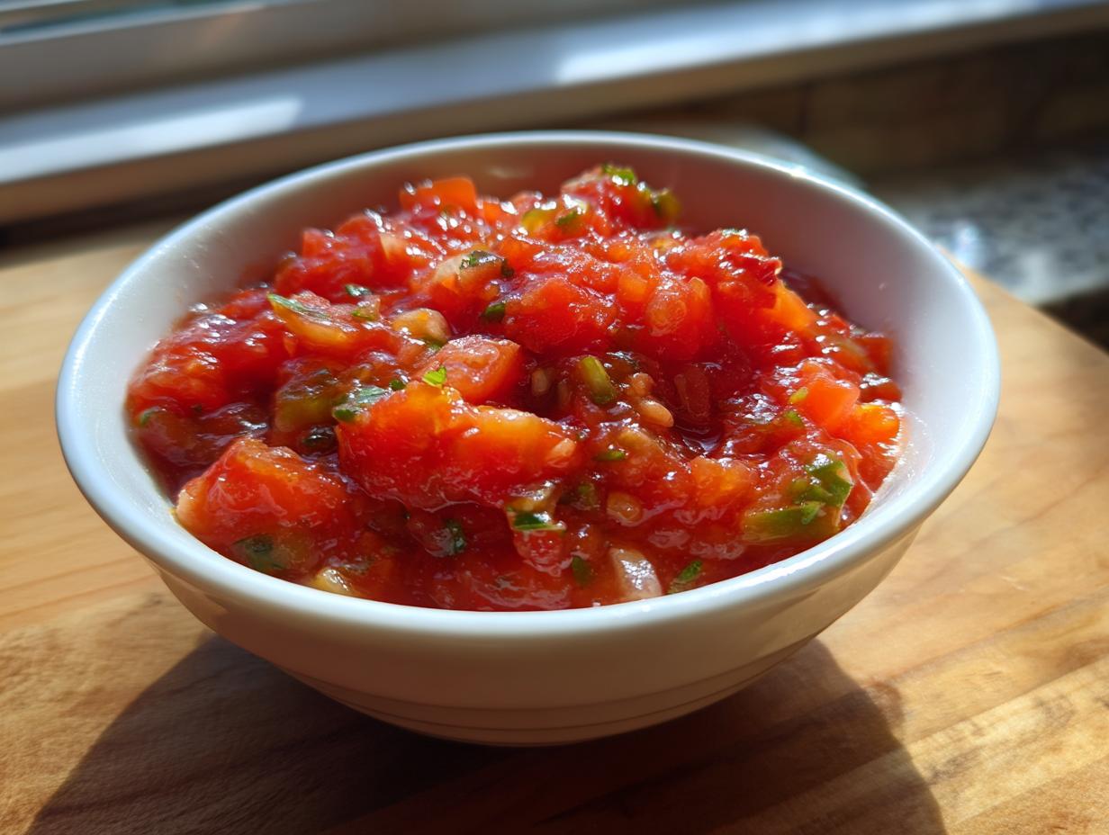 Close-up of chunky, bright red homemade salsa recipe served in a small white bowl on a wooden surface.