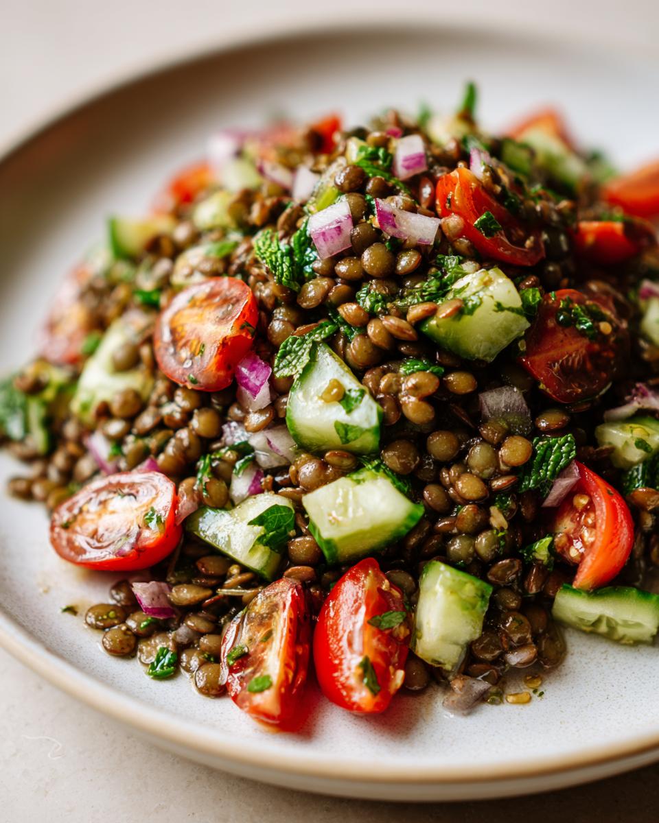 A vibrant close-up of a fresh lentil salad mixed with chopped cherry tomatoes, cucumber chunks, red onion, and mint.