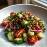 A vibrant bowl of fresh lentil salad mixed with chopped cucumbers, halved cherry tomatoes, and red onion.