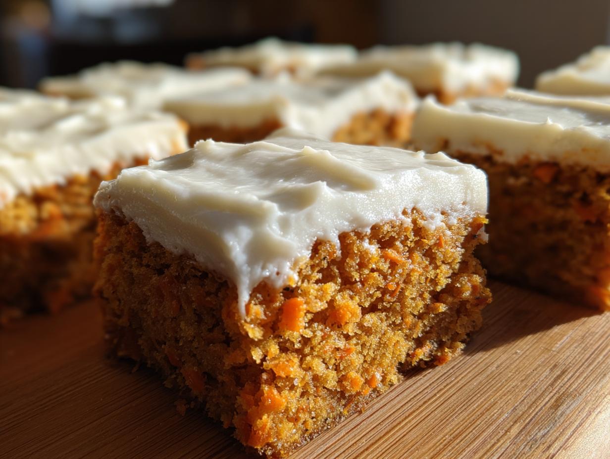 A close-up view of a thick, frosted slice of moist carrot cake bars sitting on a wooden surface.