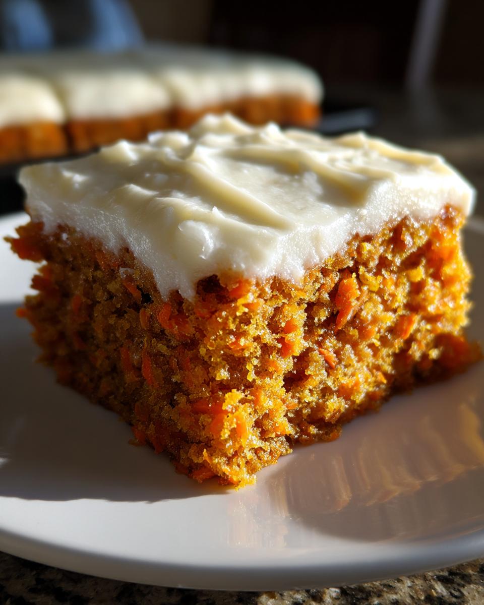 A close-up, sunlit square slice of moist carrot cake bars topped with thick cream cheese frosting.