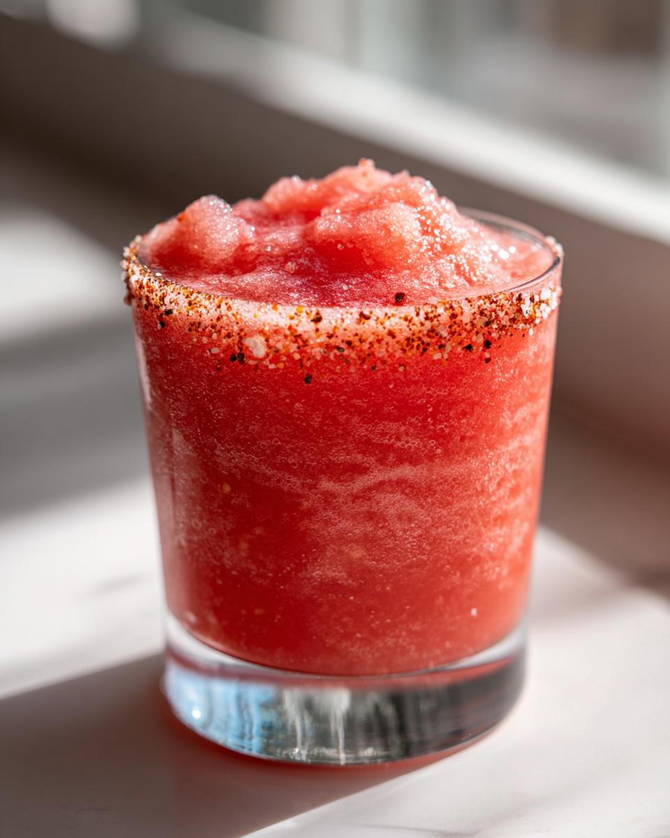 Close-up of a bright red frozen firecracker rosé slushie in a glass with a chili-salt rim.