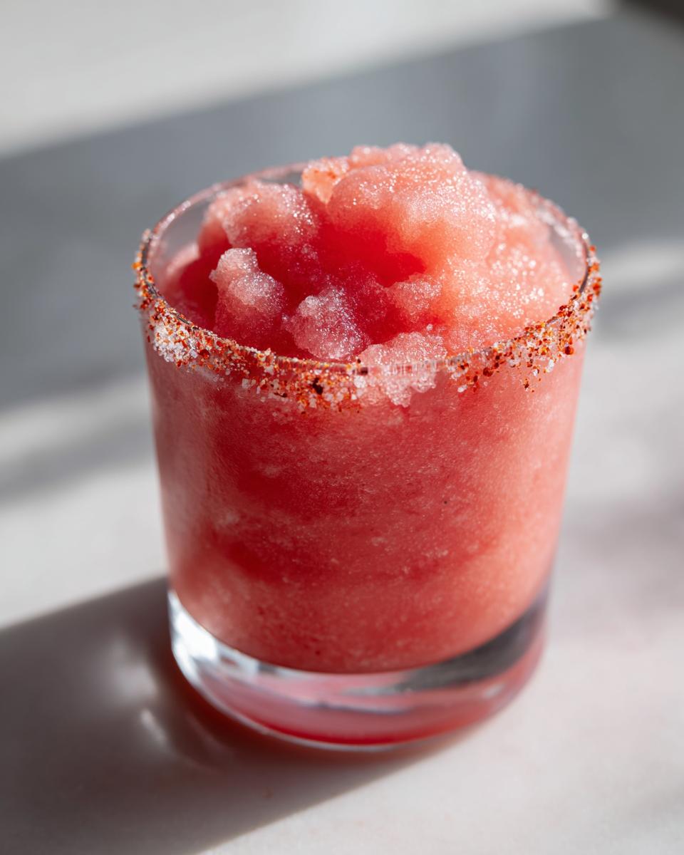 Close-up of a vibrant red frozen firecracker rosé slushie served in a short glass with a chili-salt rim.